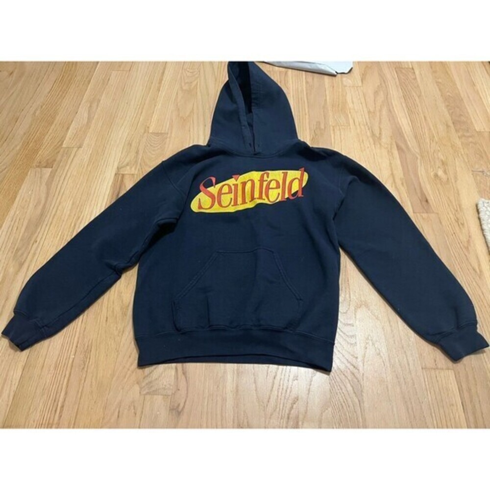 Seinfeld‎ Logo Hoodie Navy Blue Mens Small Graphic Sitcom Pullover Sweatshirt